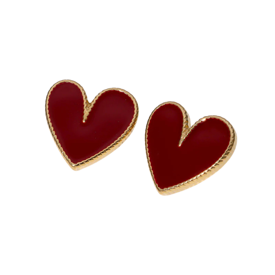 Love Bug Red Heart Studs – Gold-Trimmed Enamel Earrings