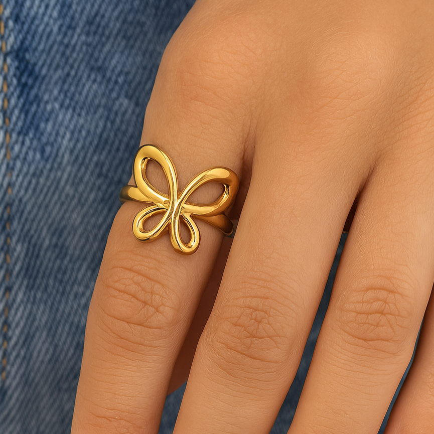 Golden Flutter Butterfly Ring – 18K Gold Plated, Waterproof Statement Ring