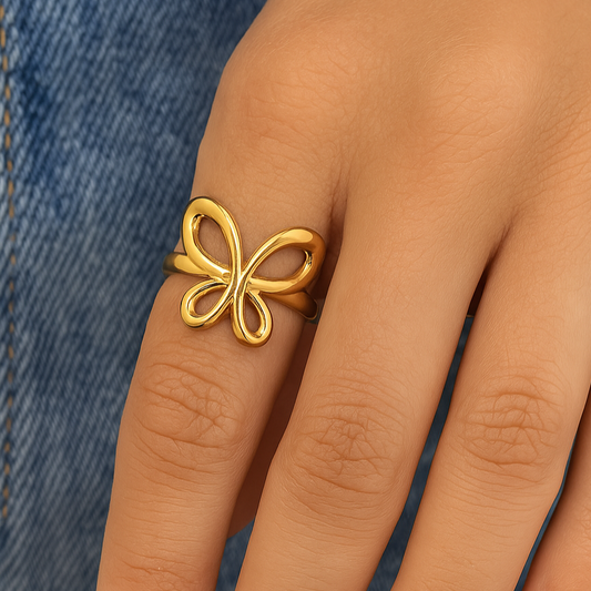 Golden Flutter Butterfly Ring – 18K Gold Plated, Waterproof Statement Ring