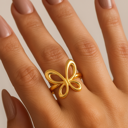 Golden Flutter Butterfly Ring – 18K Gold Plated, Waterproof Statement Ring